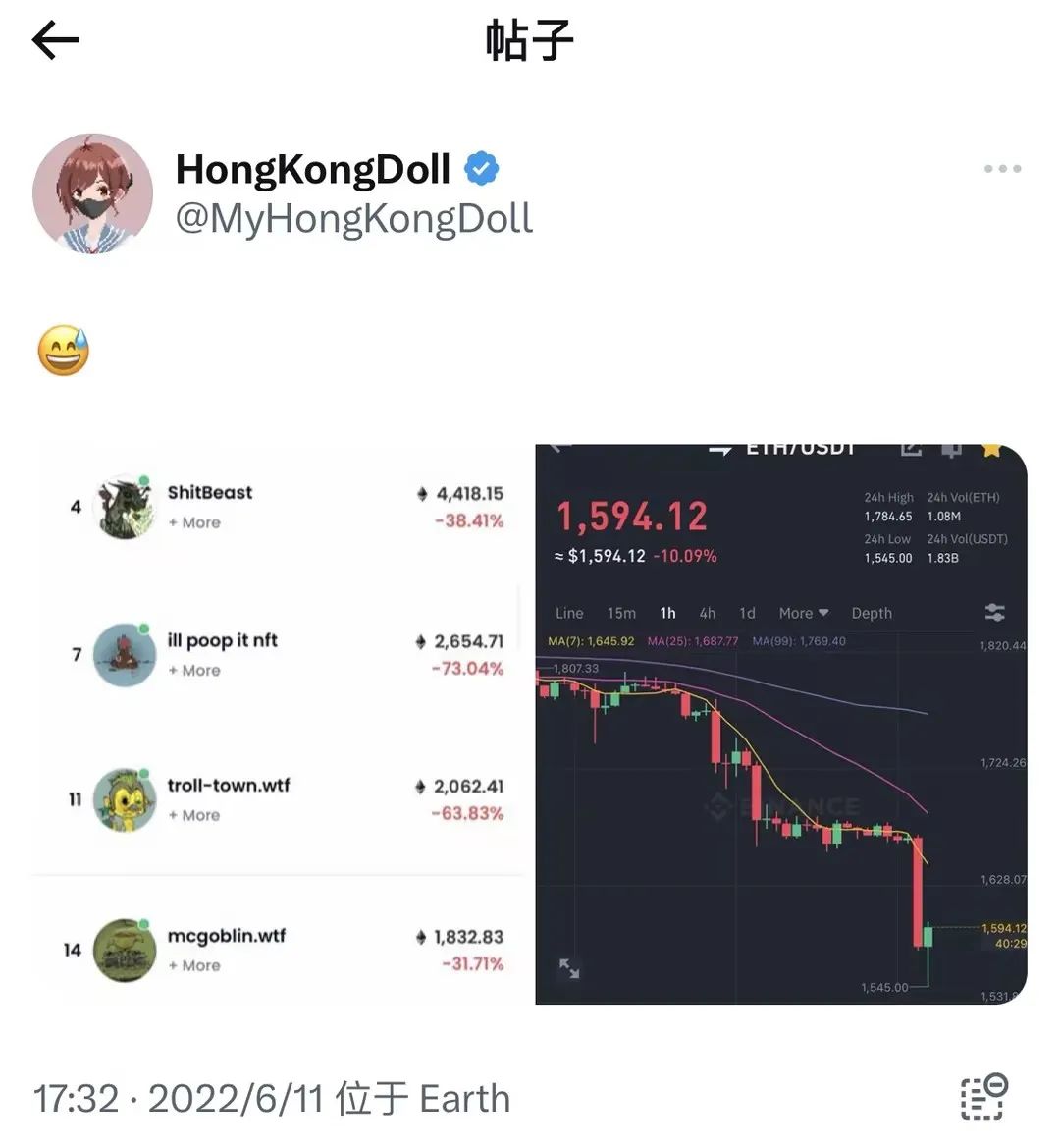 HongkongDoll炒币破产了...